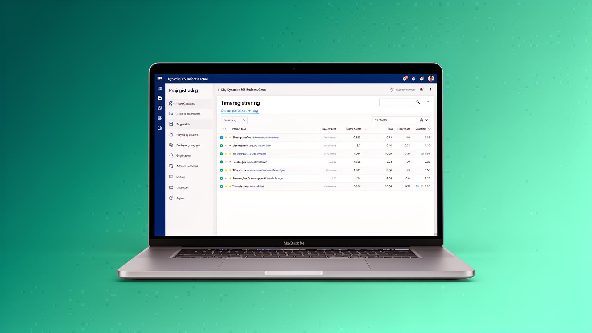 Business Central projektkort med timeregistrering på laptop