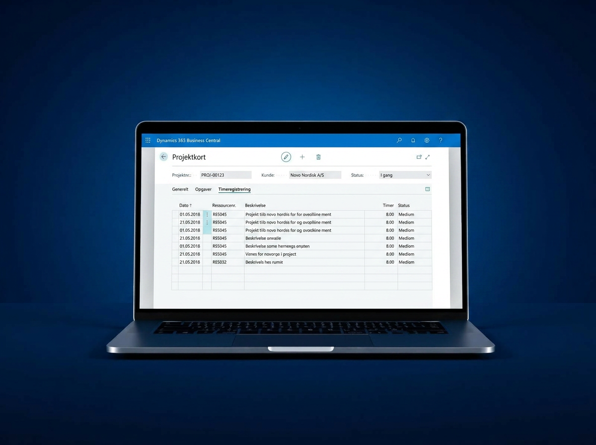Business Central projektkort med timeregistrering på laptop