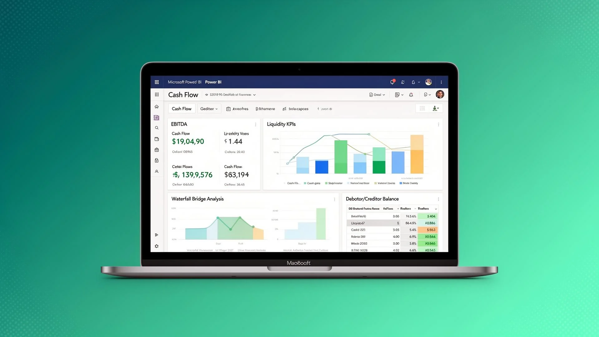 Power BI finans-dashboard på laptop